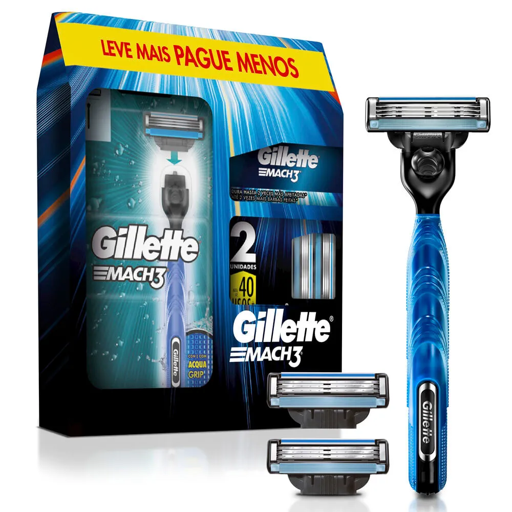 Kit Gillette 1 Aparelho Recarregvel + 3 Cargas Para Barbear Mach3 Leve Mais Pague Menos -